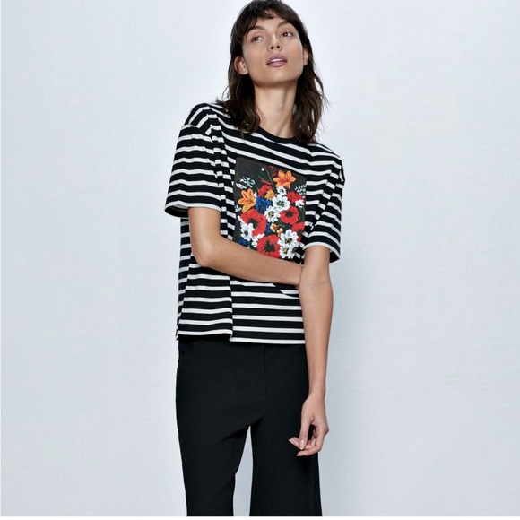 Zara Black and White Striped Tee with Floral Design - Picture 1 of 5